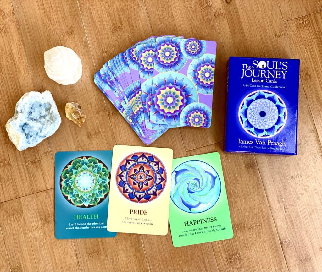 The Soul's Journey Oracle Card deck with colorful cards with mandalas